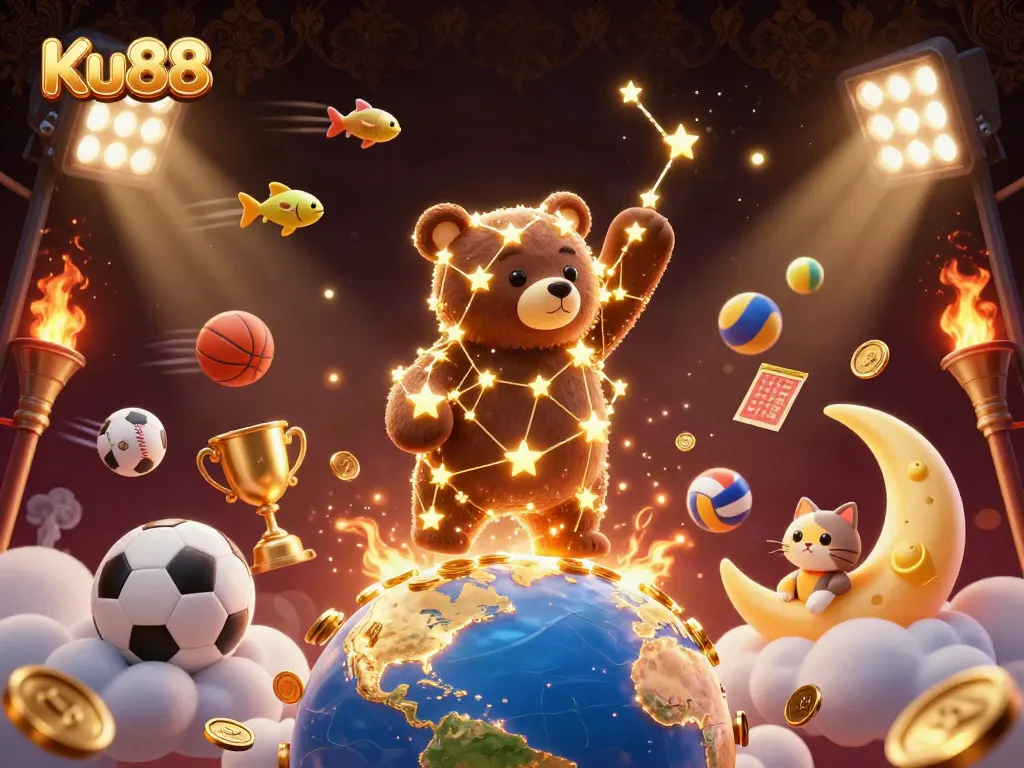 Ku88 players betting on dynamic sports events, featuring golden stars and vibrant game elements