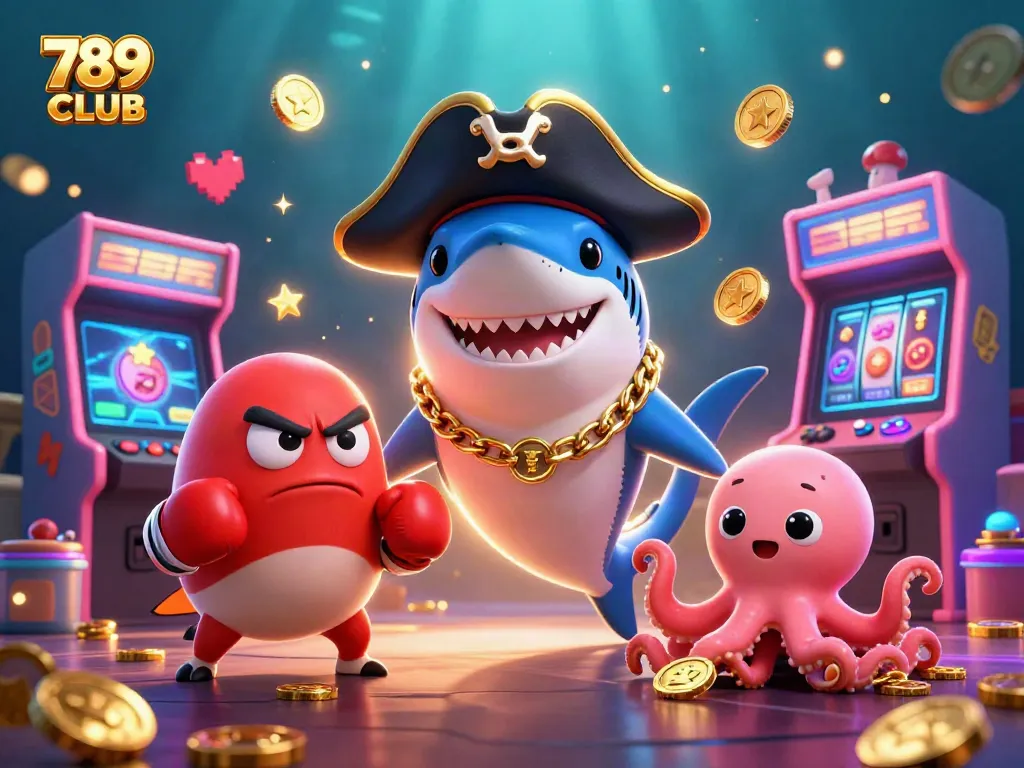 Play with gold coins in a vibrant 789CLUB casino scene featuring a shark and octopus.