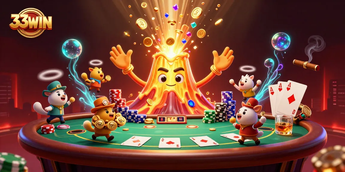 Experience the thrill of betting at 33WIN with a vibrant 3D casino scene filled with treasures.