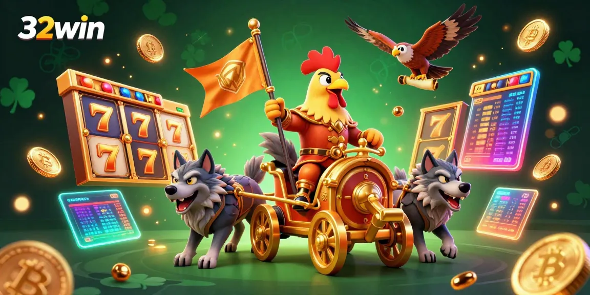 Experience the thrill of gambling with 32win, featuring a cartoon rooster warlord and dynamic casino elements.