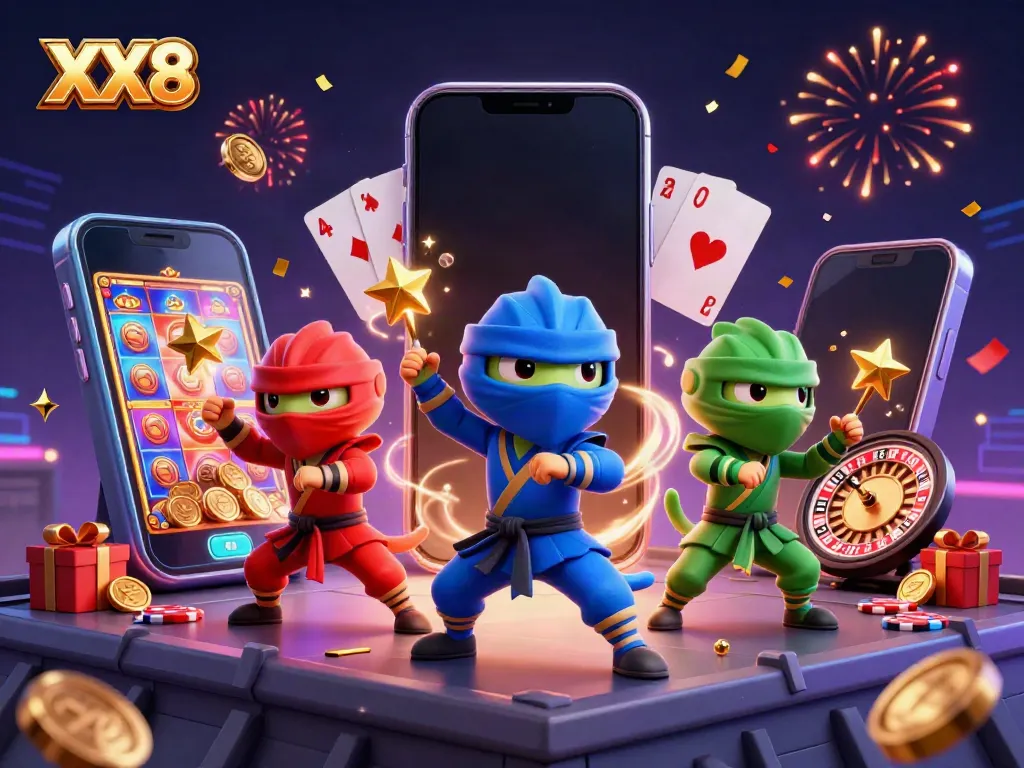 Engaging scene with ninja chameleons showcasing casino game excitement, highlighting XX8.
