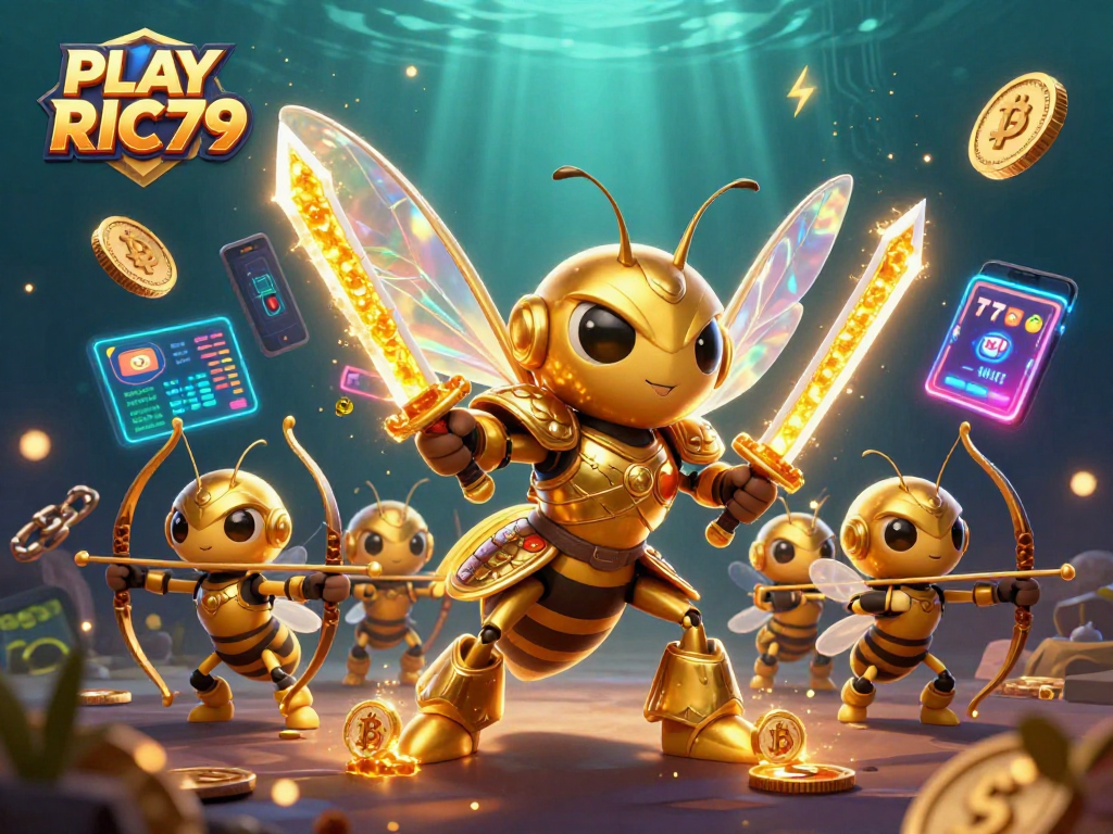 Engage with vibrant gameplay through PLAY RIC79's exciting slots and prizes in this illustrated scene.