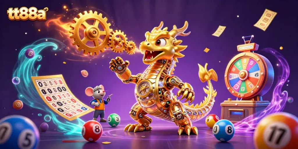 Spinning golden gears and vibrant lottery balls capture the excitement of tt88a online gaming.