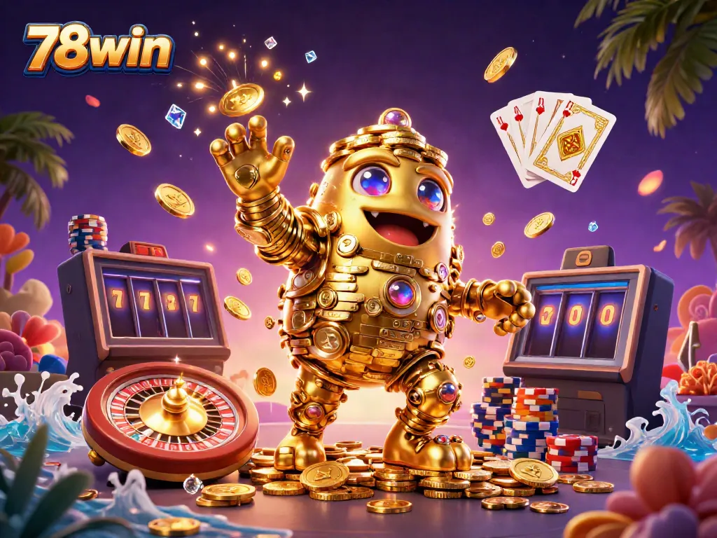 Engage in thrilling games with 78win's casino experience featuring a golden golem and dynamic game elements.