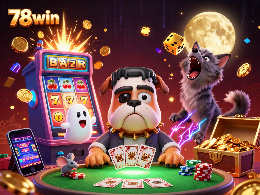 Experience thrilling gaming with 78win at a vibrant casino-themed illustration featuring energetic characters.