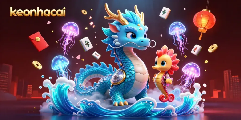 Engage with the vibrant keonhacai scene featuring a water dragon and seahorse knight amidst colorful casino elements.
