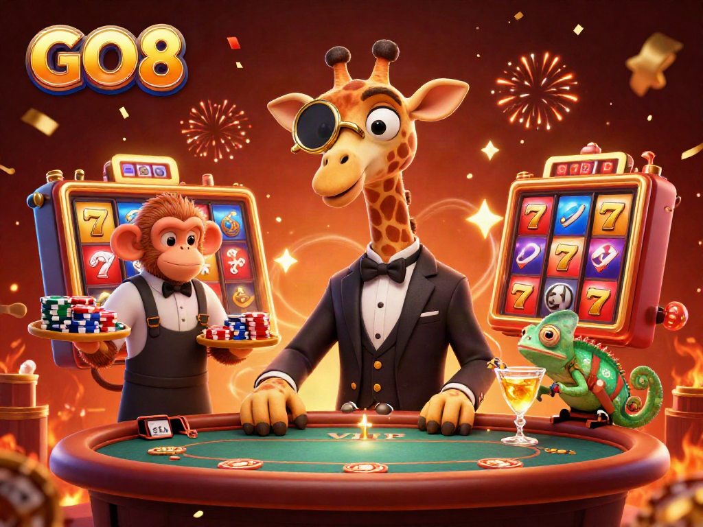 Experience winning at GO8 with vibrant characters and dynamic casino elements in a lively atmosphere.