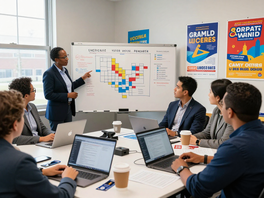 State legislature campaign marketing strategy session in a vibrant office with diverse professionals collaborating.
