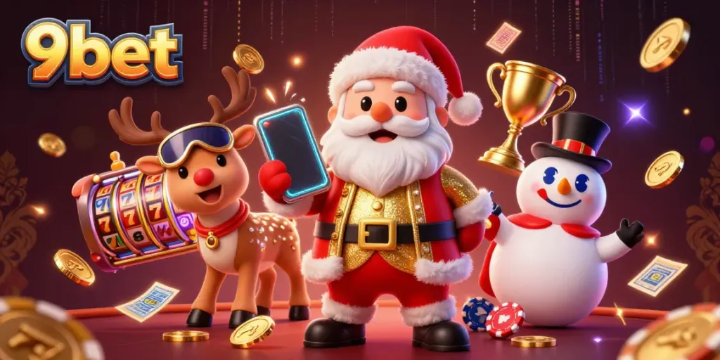 9bet showcases a festive scene with cartoon characters celebrating slots and casino games.