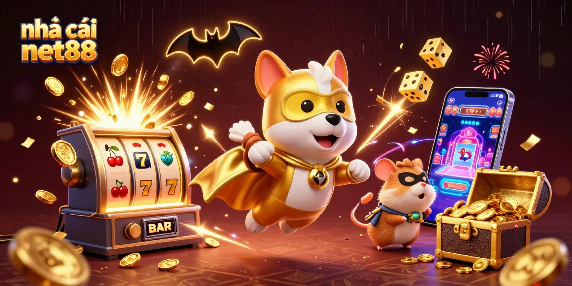 Play and win at nhà cái net88 with a superhero dog and dynamic casino scene.