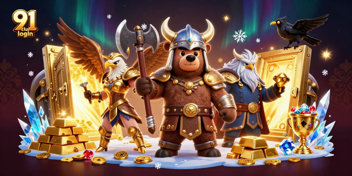 Engage in thrilling gaming at 91 club login with Viking and Valkyrie characters amid treasure.