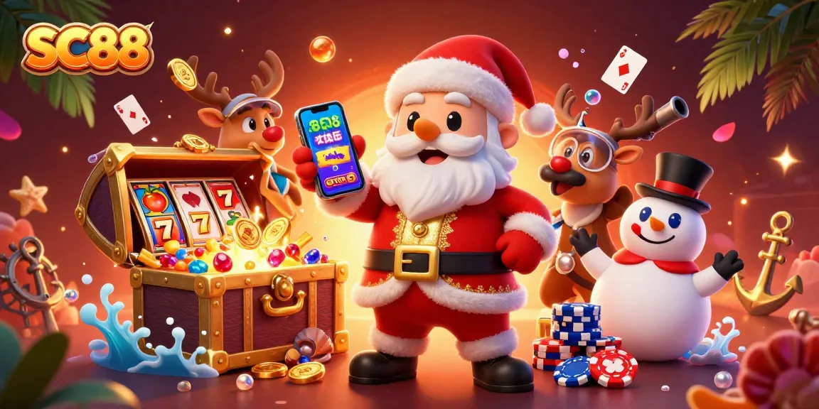 SC88 showcases festive casino fun with Santa and friends in a vibrant jackpot scene.