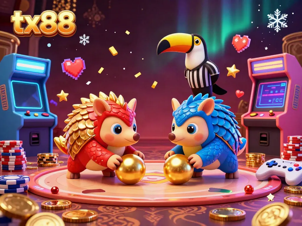 Experience exciting action with tx88 pangolins bowling through poker chips in a vibrant casino scene.