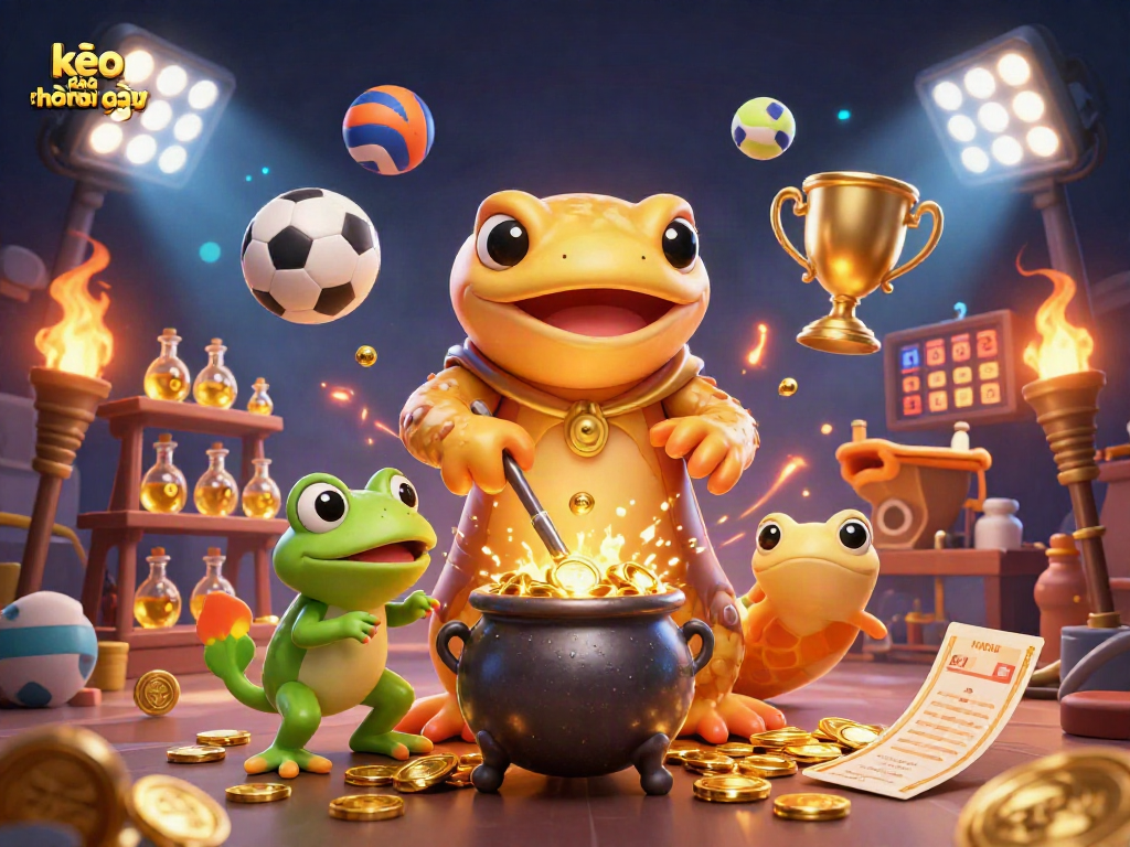 Betting strategies using kèo nhà cái hôm nay with a magical alchemist scene.