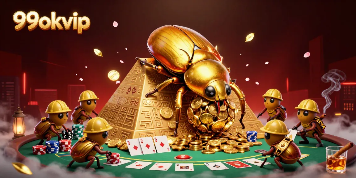 Join the fun with 99okvip, featuring a massive dung beetle and poker-rich casino elements.