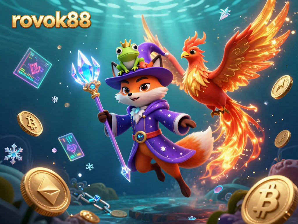 Engage with rokok88's mystical gambling magic, featuring a wizard fox and vibrant crypto elements.