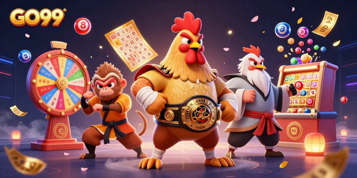Experience GO99 with a thrilling 3D illustration of dynamic casino characters and vibrant game elements.