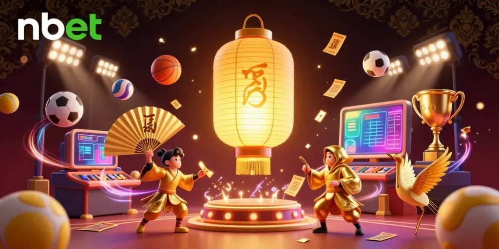 Experience the excitement of nbet's vibrant casino scene with dynamic sports elements and a golden lantern spirit.