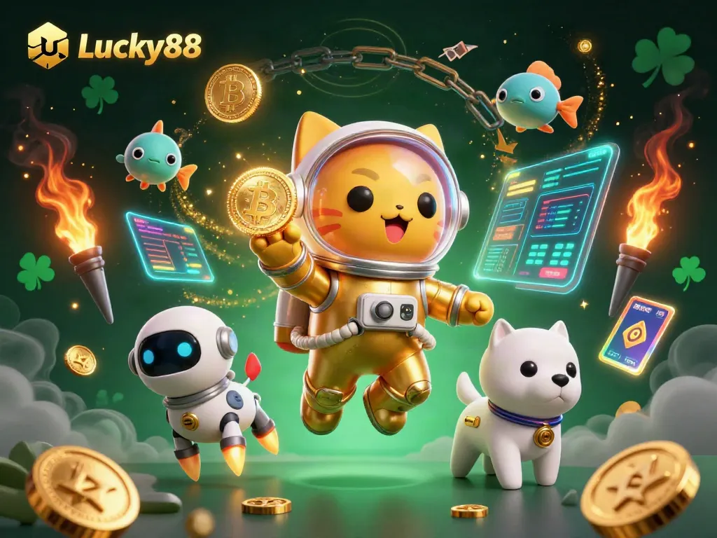 Engage with Lucky88's thrilling gaming adventure in a cosmic casino environment, featuring animated characters and cryptocurrency elements.