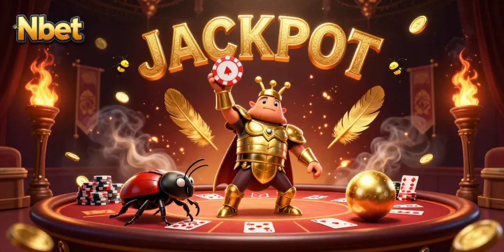 Nbet shines as herculean beetle raises a poker chip amidst a vibrant casino atmosphere.