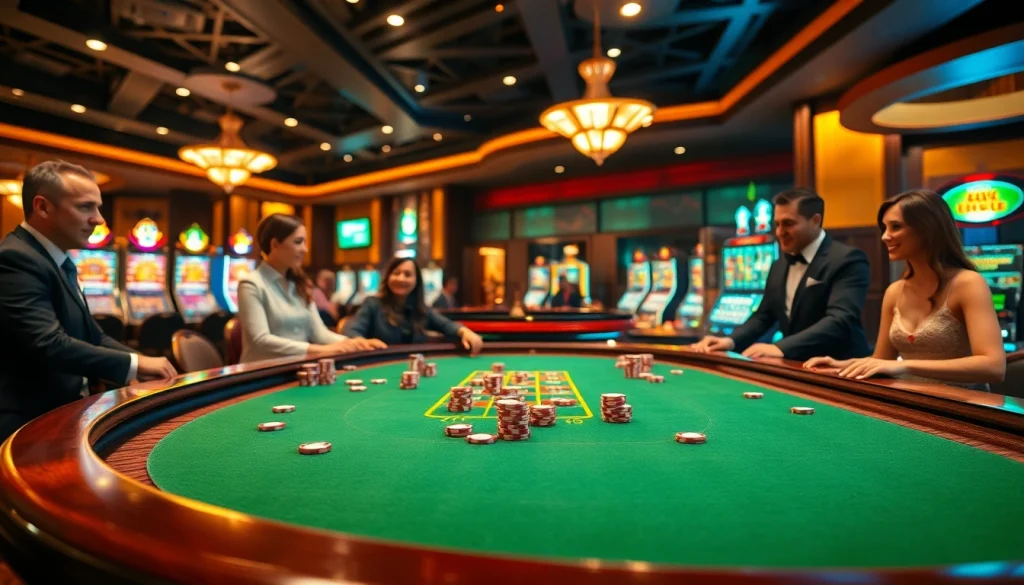 Players enjoy a poker game at a casino table, showcasing the vibrant atmosphere of betting at https://bem88.io/.