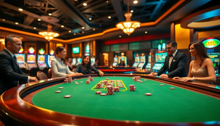 Players enjoy a poker game at a casino table, showcasing the vibrant atmosphere of betting at https://bem88.io/.