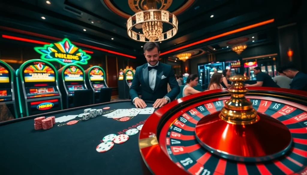 Engaging scene with NK88 poker players enjoying a luxury casino atmosphere filled with excitement.