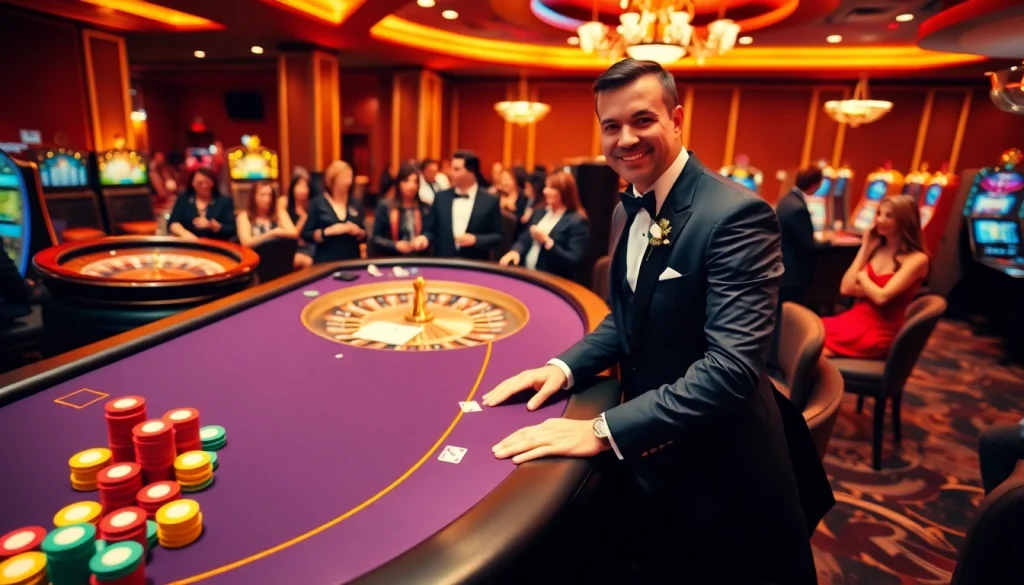 Players enjoying games at https://da88.bot/ casino, featuring poker, roulette, and vibrant chips.