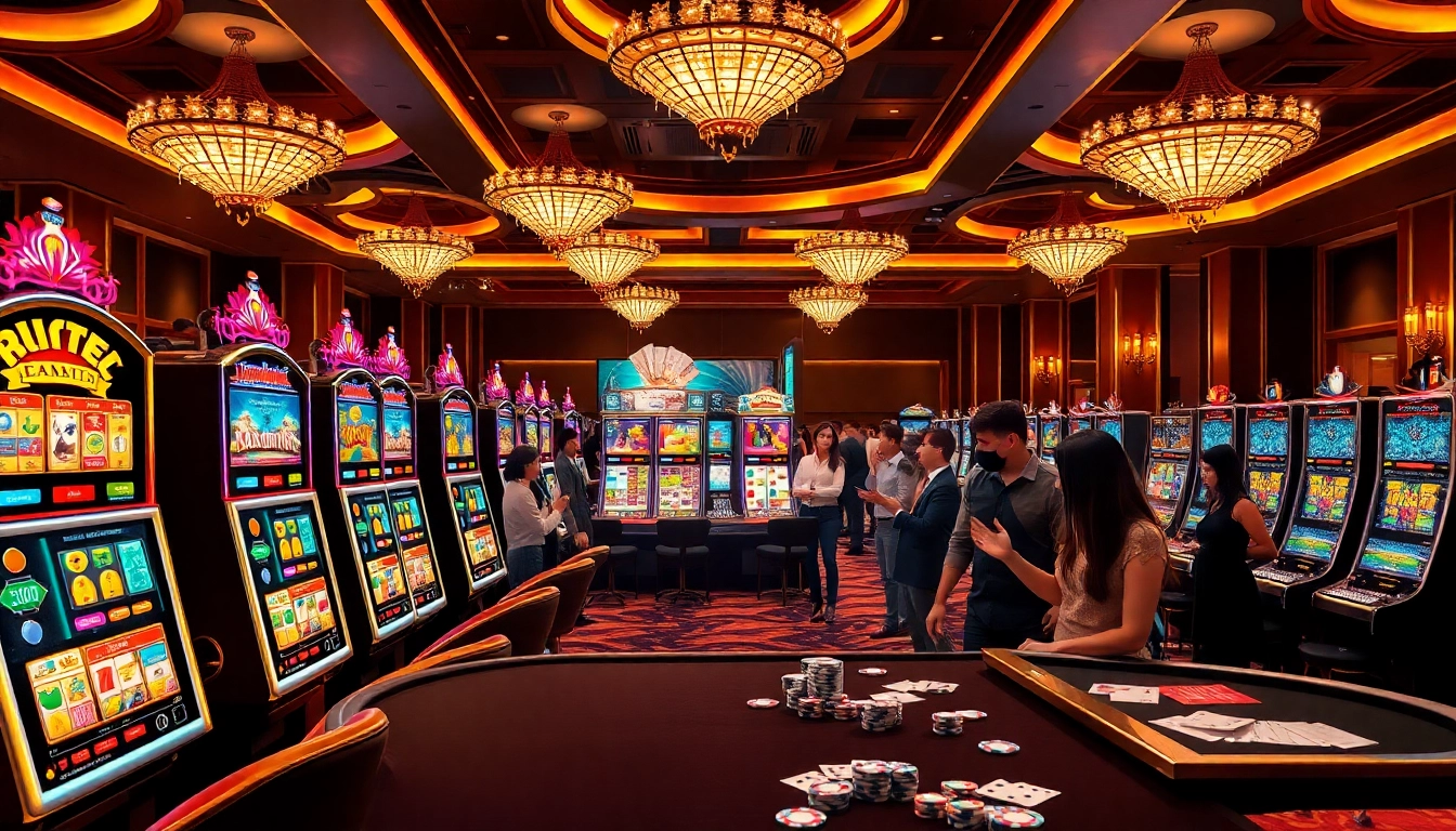 Experience the thrill of hitclub nổ hũ with vibrant slot machines and excited players in a luxurious casino setting.
