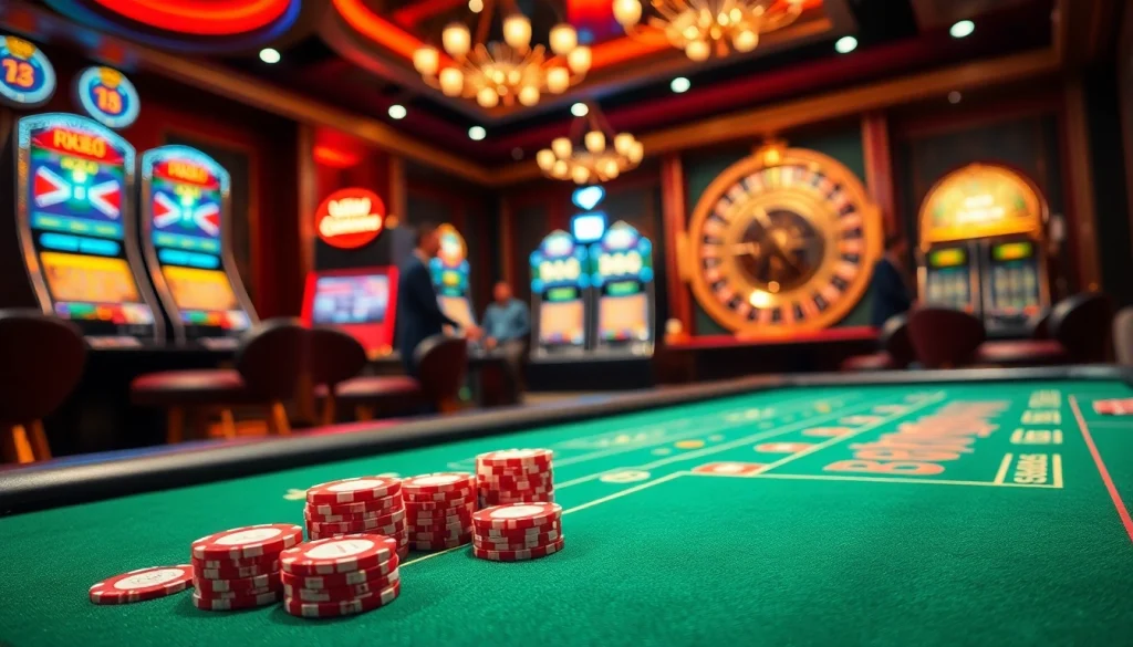 RR88 poker enthusiasts strategizing at a high-stakes table with vibrant casino elements.