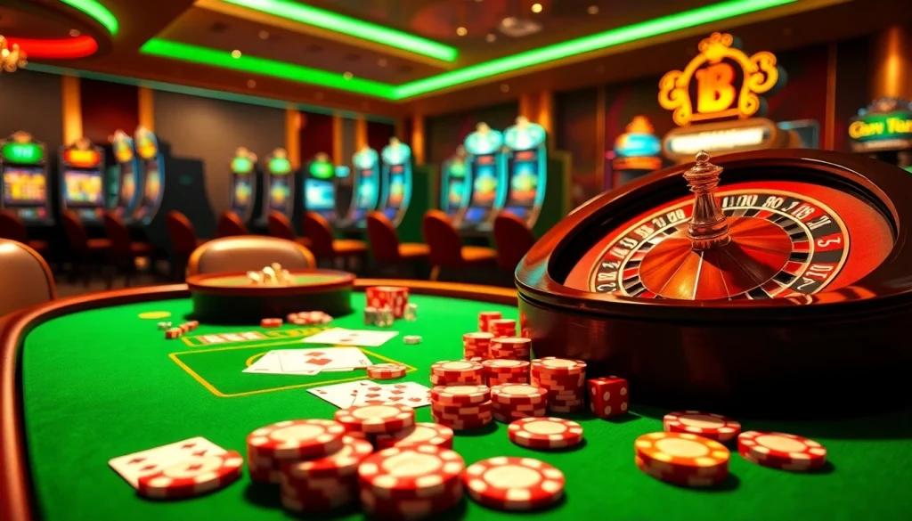 RR88 showcases vibrant casino gaming with colorful chips, cards, and a roulette wheel.