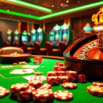 RR88 showcases vibrant casino gaming with colorful chips, cards, and a roulette wheel.