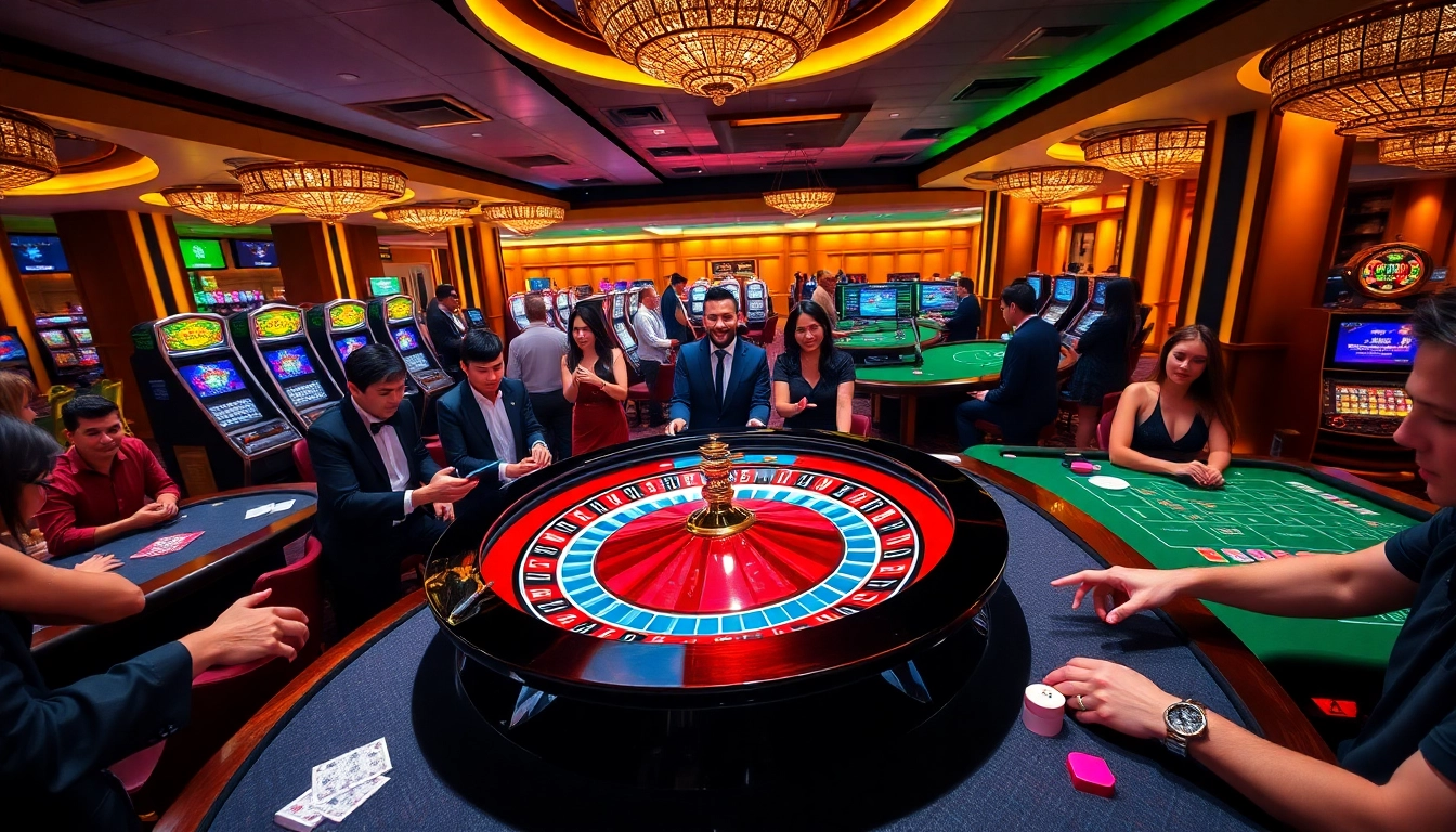 Experience the thrill of betting at five 88's luxurious casino, showcasing vibrant roulette tables and eager players.