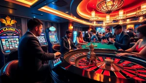 Engaging players at a luxurious casino scene inspired by https://rr88.cz/, showcasing roulette, cards, and chips.