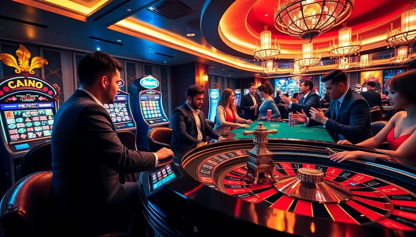 Engaging players at a luxurious casino scene inspired by https://rr88.cz/, showcasing roulette, cards, and chips.