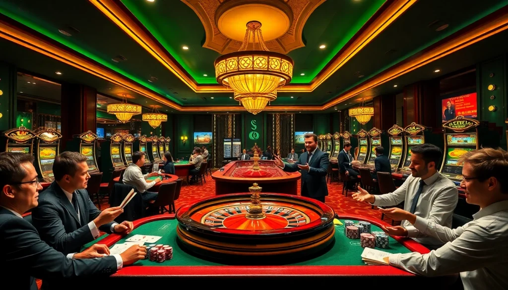 Engaging players at the lively casino showcasing the thrill of gambling on https://lodetructuyen.us/ with roulette wheel and poker chips.