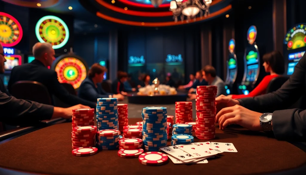 Players enjoying the excitement of poker at a modern casino scene inspired by https://hbbet4.art/.