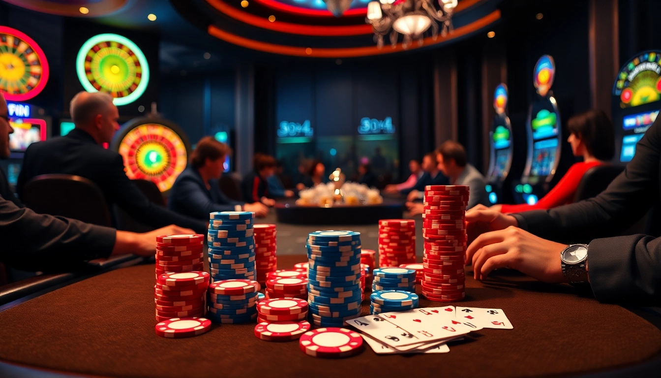 Players enjoying the excitement of poker at a modern casino scene inspired by https://hbbet4.art/.