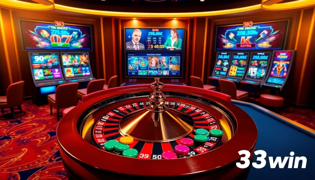 Experience high-stakes gambling at 33win with vibrant slot machines and a roulette wheel.