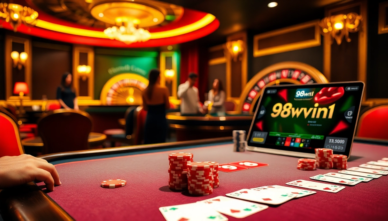 Experience the thrill of winning at 98win1 with a lively poker game featuring vibrant chips and cards.