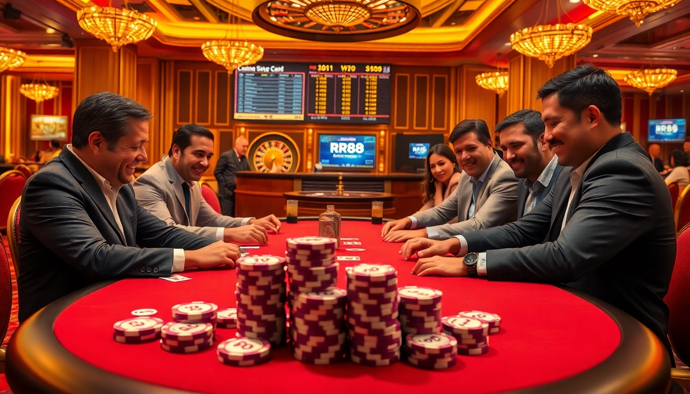 Players enjoy an RR88 poker game at a luxurious casino table, showcasing excitement and focus.
