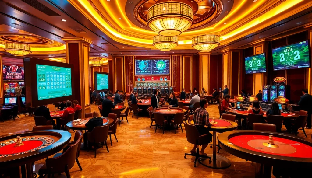 Engaging scene of players at a luxurious casino featuring xổ số ee88 games.