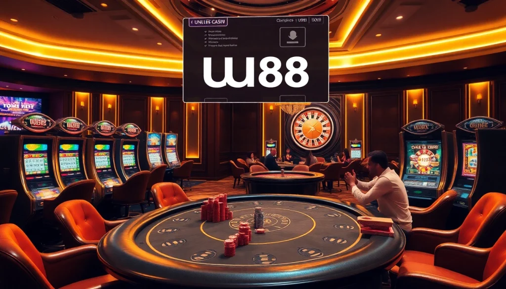 UU88 casino scene with poker players, vibrant slot machines, and a roulette wheel.