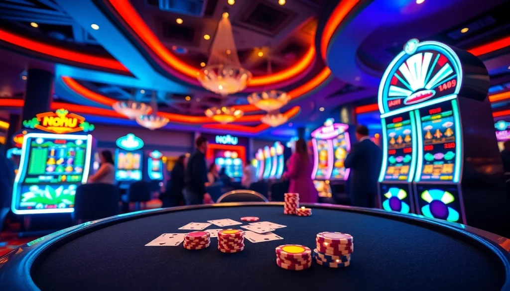 Engage with the excitement of nohu-themed gambling at a luxurious casino, featuring vibrant cards and chips.