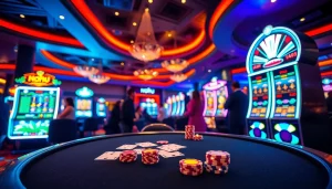 Engage with the excitement of nohu-themed gambling at a luxurious casino, featuring vibrant cards and chips.
