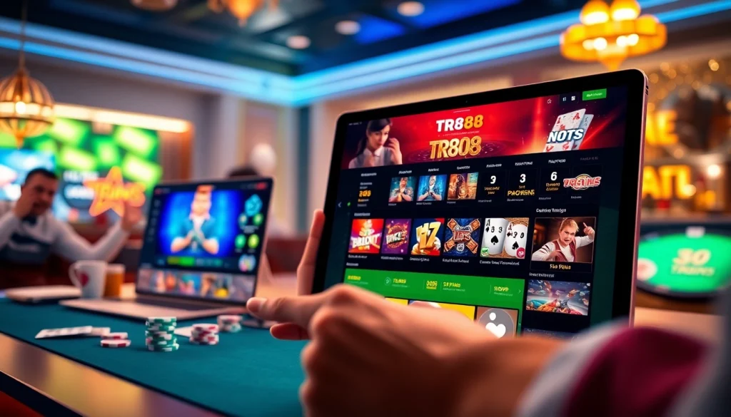 Experience online gaming at https://tr88.gg/ with a vibrant interface showcasing casino games across devices.