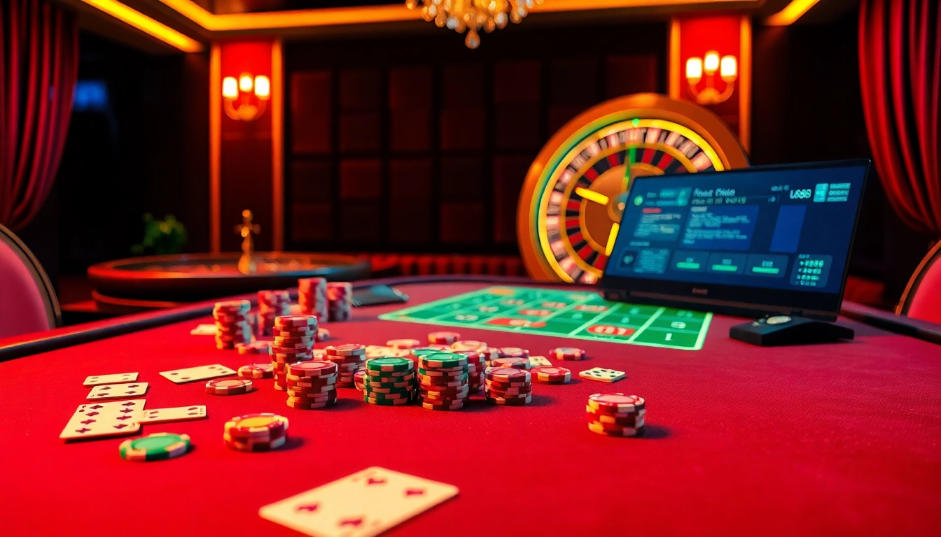 Dynamic scene of players engaging at nhà cái u888 casino table with chips and cards.