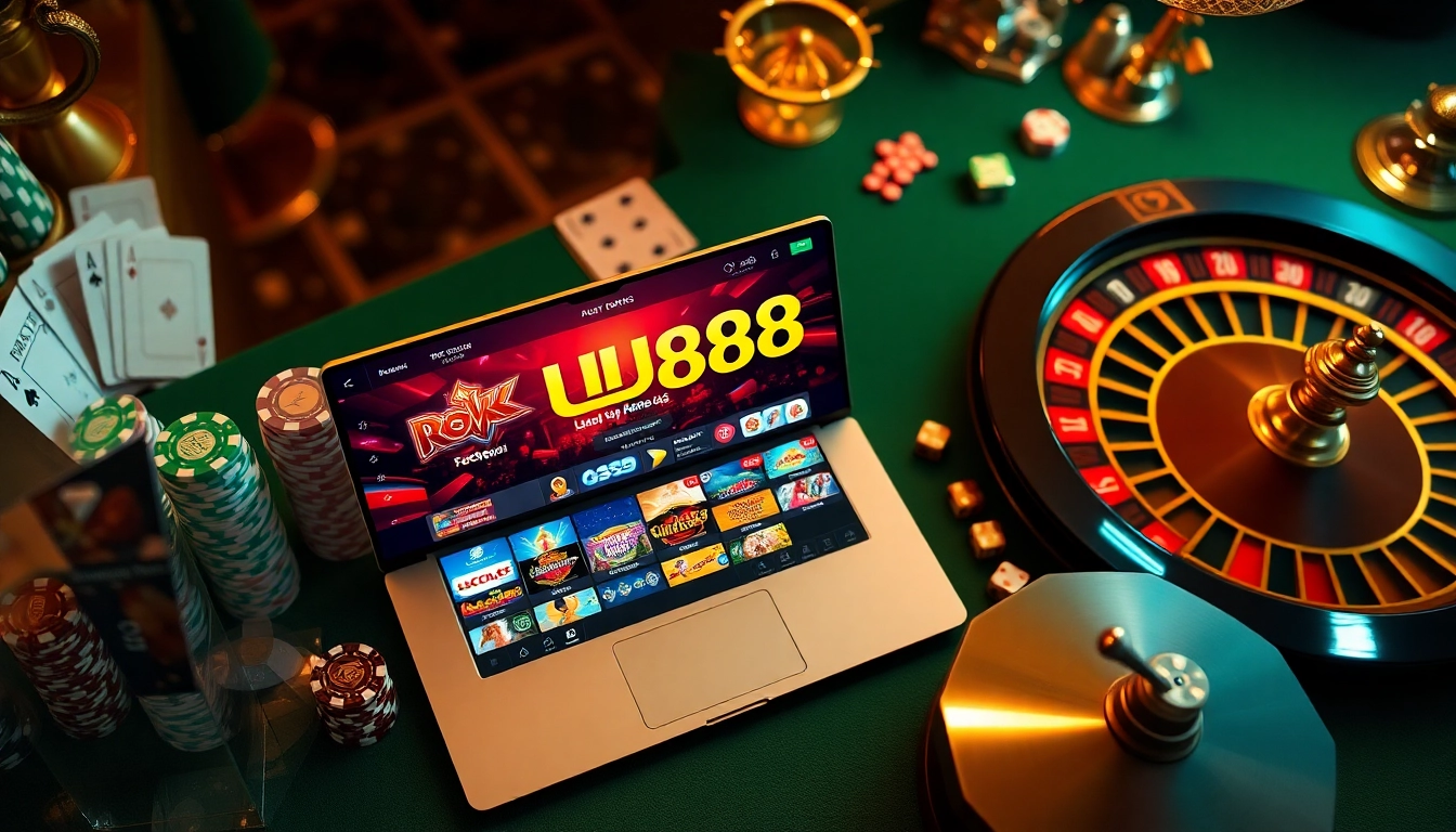 Experience thrilling games at uu88 casino with vibrant visuals of chips and roulette.