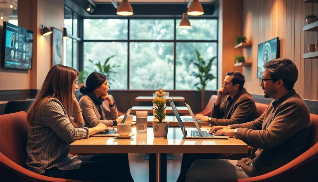 Engaging café scene featuring customers interacting with crushon AI chatbots on modern devices.