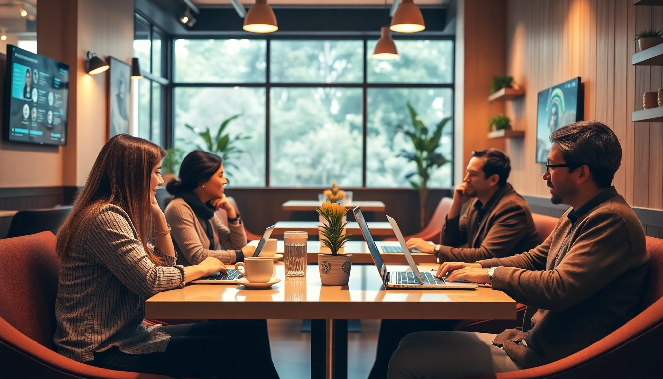 Engaging café scene featuring customers interacting with crushon AI chatbots on modern devices.